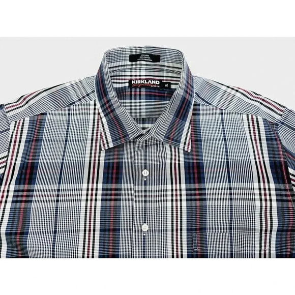 Kirkland Signature Size XL Men's White Burgundy Black Check Long Sleeve Shirt - Picture 10 of 10